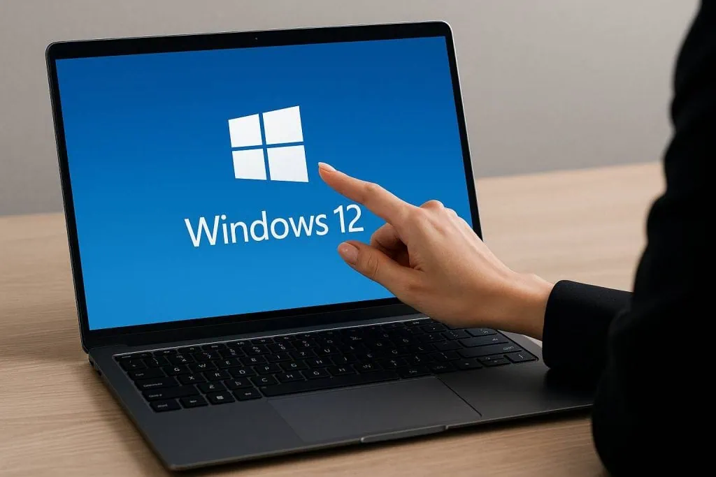 kobieta pokazuje na laptopie logo windows 12. bezpieczne it dla firm
