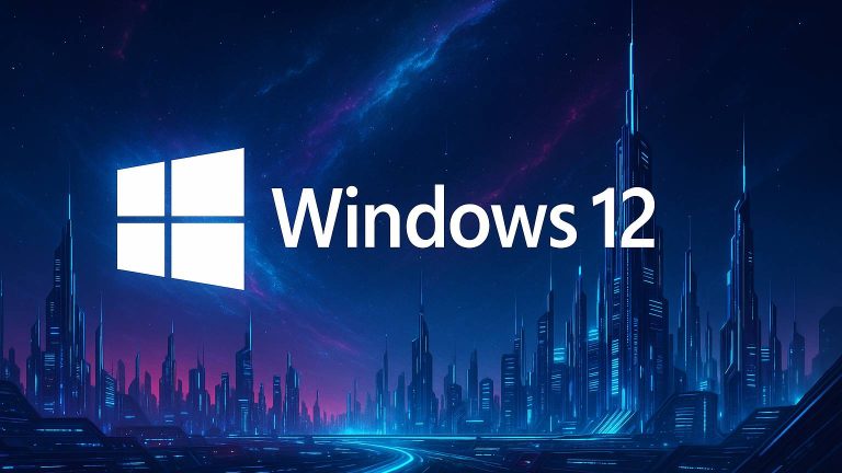 Windows 12 logo na futurystycznym tle, ProsteIT - firma informatyczna pod Warszawą pomoże i instalacji nowego systemu