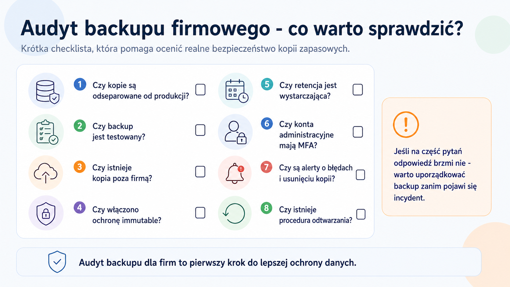 Checklista audytu backupu firmowego obejmująca separację kopii, testy odtwarzania, kopię poza firmą, ochronę immutable, retencję, MFA, alerty i procedurę odtwarzania.
