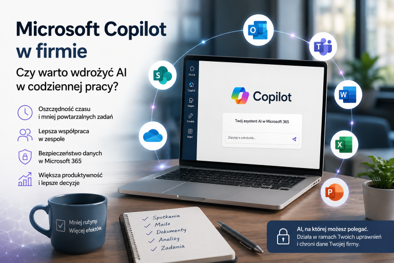 Microsoft Copilot w firmie - sztuczna inteligencja wspierająca pracę biurową, dokumenty, pocztę, spotkania i bezpieczeństwo danych w Microsoft 365.