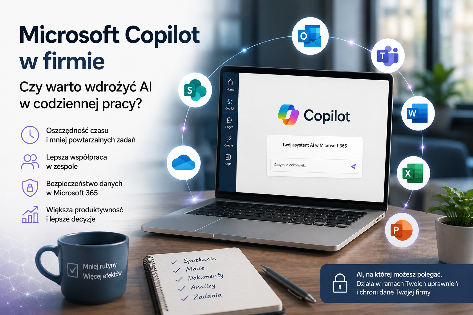 Microsoft Copilot w firmie - sztuczna inteligencja wspierająca pracę biurową, dokumenty, pocztę, spotkania i bezpieczeństwo danych w Microsoft 365.