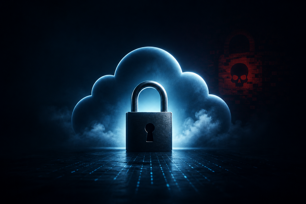 Immutable backup w chmurze jako ochrona danych przed ransomware - kłódka na chmurze symbolizująca zabezpieczoną kopię zapasową