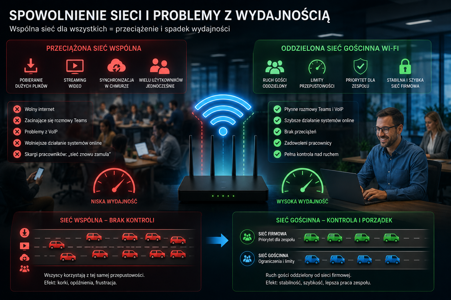 wolne Wi-Fi w firmie - przeciążenie sieci i spadek wydajności