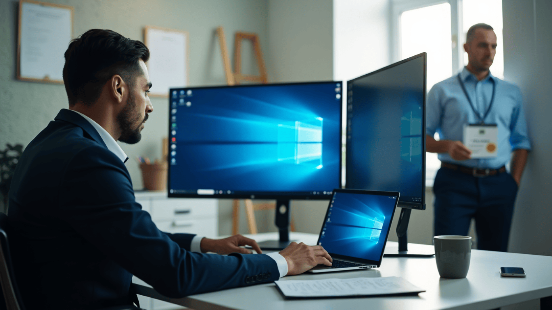 Pracownik biura mierzy się z awarią komputera w firmie – problemy z wyświetlaniem na monitorze. Profesjonalne wsparcie IT pod Warszawą – szybka pomoc od specjalistów ProsteIT.