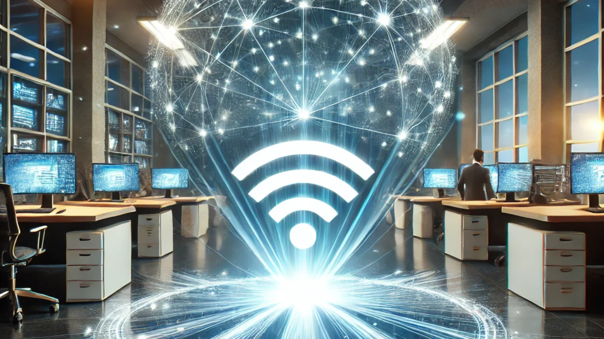 DALL·E 2025-03-13 12.34.22 - An eye-catching visual for an article titled 'Jak przyspieszyć firmowy internet i optymalizować sieć_'. A modern office environment with a futuristic,