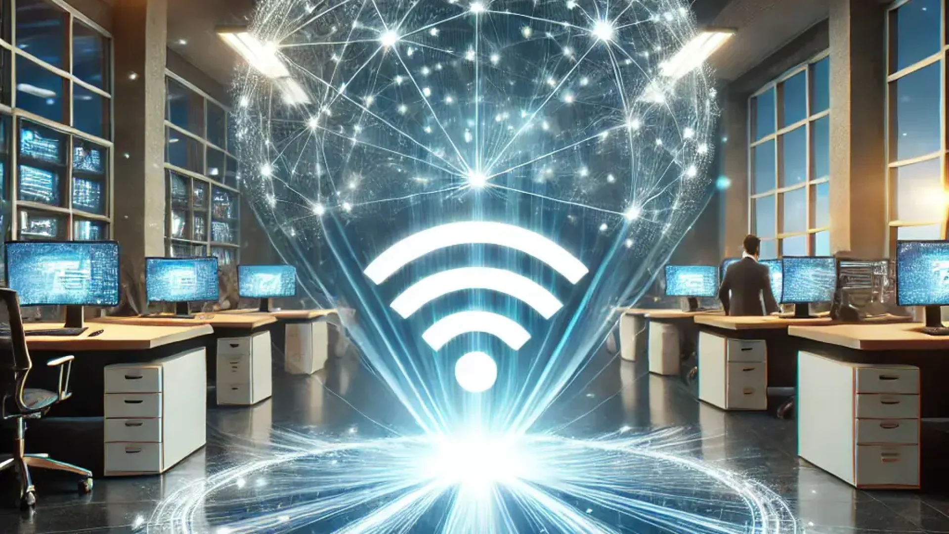 DALL E 2025-03-13 12.34.22 - An eye-catching visual for an article titled 'How to speed up your company's internet and optimize your network'. A modern office environment with a futuristic,