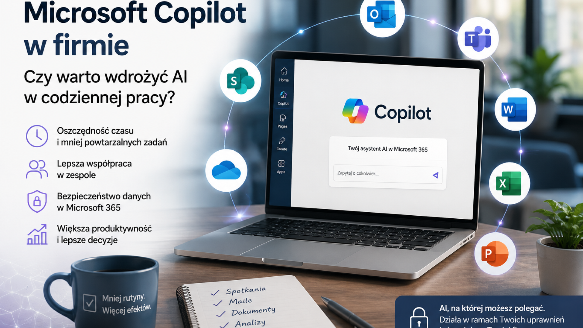 Microsoft Copilot w firmie - sztuczna inteligencja wspierająca pracę biurową, dokumenty, pocztę, spotkania i bezpieczeństwo danych w Microsoft 365.