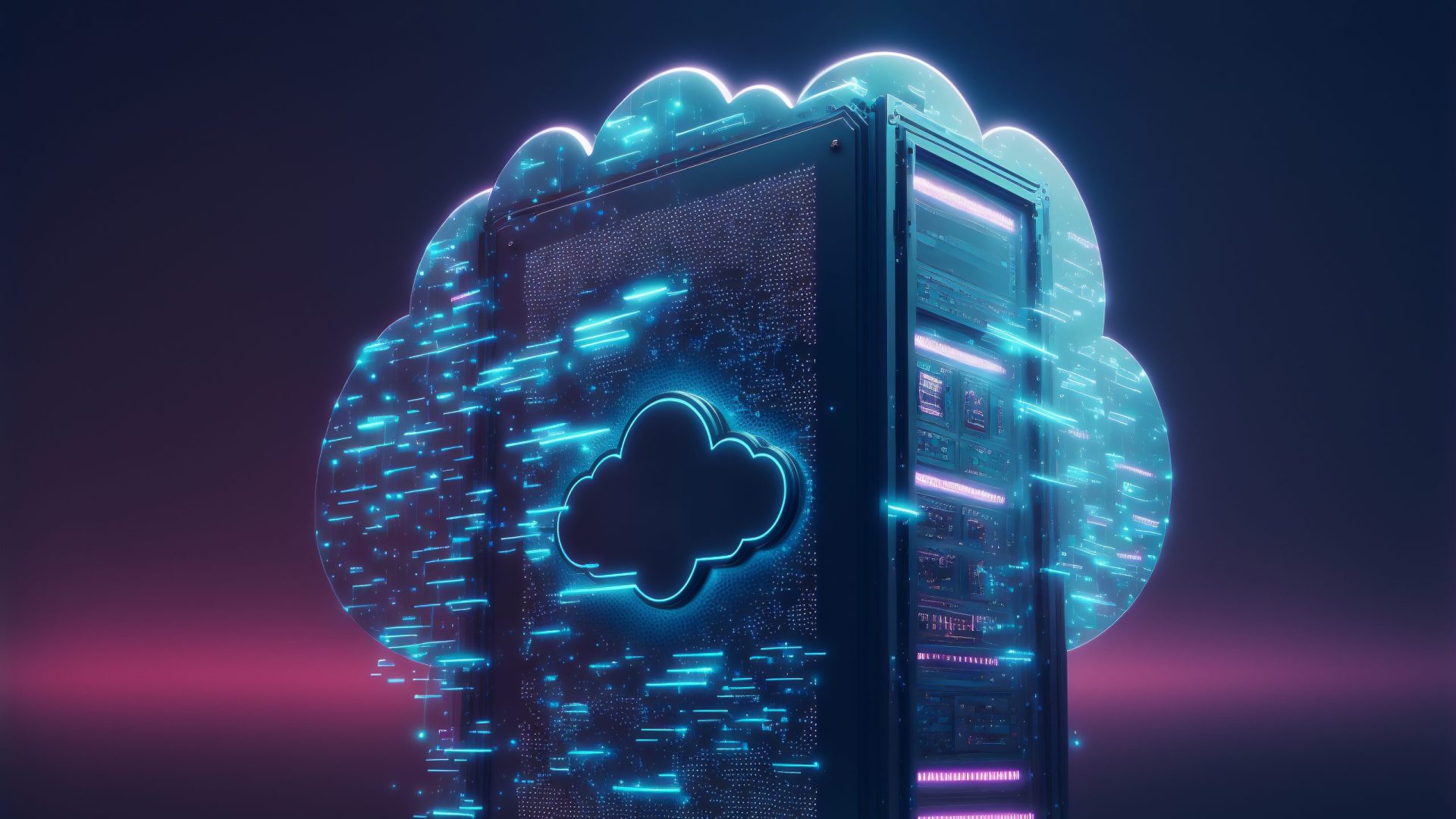 Online cloud data storage rack concept. Cloudscape digital online server for global network business. Web database backup computer private infrastructure technology